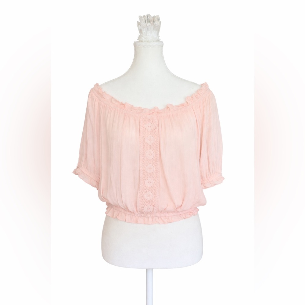 Blush Pink Boho Off Shoulder Top Ruffle Peasant Elastic Waist Flowy Size Large